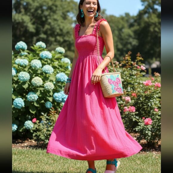 Calvin Klein Dresses & Skirts - NWT Calvin Klein hot pink square neck summer shirred dress 8